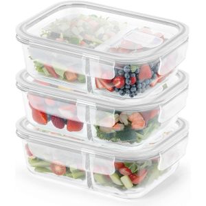 Mevronisshop-3pcs Boite Alimentaire Verre,1040 Ml Recipient En Verre Avec Couvercle,Alimentaires À 2 Compartiments,Boite Repas Verre,Micro-Ondes,Congélateur,Passe Au Lave-Vaisselle - Neuf