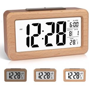 ERYI-Réveil Numérique En Bois, Reveil A Piles Grand Écran,Horloge Digitale Avec Affichage Date Et Température, Fonction Snooze 12/24H, Alimenté Par Batterie - Neuf