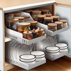 Chenquansarl-Tiroir Coulissant Cuisine X1- Profondeur Xl 52cm - Idéal Caisson 60cm -100% Gain De Place - Antichute - Extensible - Range Couvercle Poele Assiette- Adhésif - Neuf