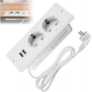 Prise encastrable avec 2 Ports USB, Bloc multiprise encastrable 2 Prises avec c&acirc;ble 1,6 m, Prise int&eacute;gr&eacute;e pour Bureau, Meuble ou Plan de Travail - Neuf