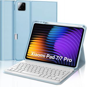 Coque Clavier Pour Xiaomi Pad 7/7 Pro 11.2"" 2025, Azerty Fran&ccedil;ais Housse Clavier Bluetooth Magn&eacute;tique D&eacute;tachable Avec Porte Crayon Pour Tablette Xiaomi Pad 7/7 Pro 2025 11.2 Pouces, Bleu Ciel - Neuf
