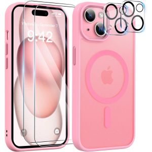 5 in 1 Coque pour iPhone 15 Aimant&iquest;&iquest;e avec 2 Verres Tremp&iquest;&iquest;s et 2 Cam&iquest;&iquest;ra Protecteur, Compatible MagSafe Dos Anti Rayures Coque Magn&iquest;&iquest;tique Antichoc TPU Bumper 6,1&iexcl;&macr;&iexcl;&macr; Case (Rose) - Neuf