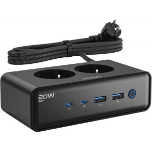 Multiprise avec Interrupteur & USB-C 20W Rapide, 2 USB-C, 2 USB-A, 2 Prises Secteur, Rallonge Electrique 2m, Multiprise parafoudre et surtension (Noir, 20W) - Neuf