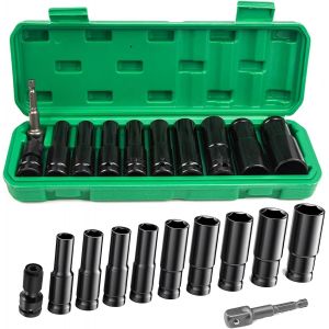 10 Pièces Jeu De Douille A Choc,10/12/13/14/15/17/19/22/24Mm Coffret Douille Longue,Douilles Et Coffrets,Douille A Choc Hexagonale 1/2"" Pour Réparation De Voiture - Neuf