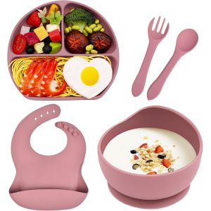 Kal-Assiette Ventouse Pour B&eacute;b&eacute; Silicone Coffret Repas Set Enfants Avec Assiette Bol Bavoir Cuillere Fourchette 5 Pi&egrave;ces Vaisselle Kit Gar&ccedil;on Fille Sans Bpa, Lave Vaisselle Et Au Micro Ondes, Rose - Neuf