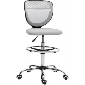SUBZONAL-Chaise bureau ergonomique tabouret de bureau avec repose-pieds et sans accoudoirs, chaise de dessin &agrave; dossier moyen en maille, hauteur r&eacute;glable, assise rembourr&eacute;e et pivotante 360&deg; gris clai - Neuf