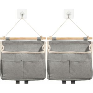 CAUC-2 Pi&egrave;ces Sac de Rangement Suspendu, Organisateur Mural avec Poche et Crochets, Empilable Tissu Lin Pliable pour Chambre, Bureau, Cuisine (Gris) - Neuf