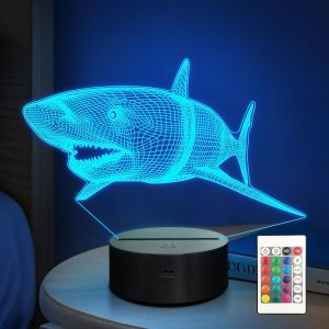 La Lampe Illusion 3d Requin Pour Enfants, Veilleuse Led Requin Avec Minuterie + Dimmable + T&eacute;l&eacute;commande 16 Couleurs Pour Gar&ccedil;ons Filles Enfants Cadeau De Vacances D'anniversaire - Neuf