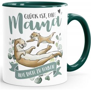 Eryi-® Tasse À Café « Glück Ist Eine Mama Wie Dich Zu Haben Besonderes Muttertagsgeschenk Otter » Avec Inscription « Mama » - Vert Intérieur - Tasse En Céramique - Neuf