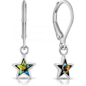 Kal-® Boucles D'oreilles Dormeuses Pendantes En Argent Fin 925 Et Étoiles En Cristaux De Swarovski® Elements - Diamètre: 7 Mm - Neuf