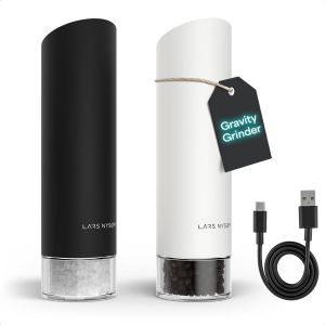 Moulin à Sel et Poivre Électrique Gravity - Moulins Automatiques Rechargeables USB-C, Mouture Réglable, Utilisation à Une Main pour la Cuisine (Black/White) - Neuf