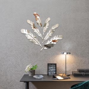 ERYI-6Pcs Plumes Miroir Stickers Muraux Miroirs Décoratif Acrylique Adhésif Autocollant Mural Amovible Diy Décoration Pour Maison Chambre Salon Décor- Argent - Neuf