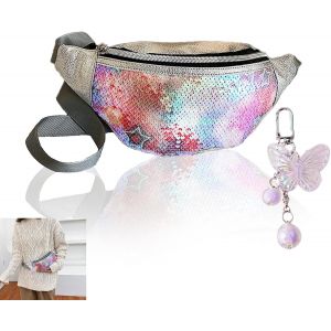 CAUC-ANROI Sac Banane Holographique Brillant - Sac Ceinture Femme Cuir PU - Sacoche de Ceinture R&eacute;fl&eacute;chissante Pochette de Voyage Bum Bag,Porte Cl&eacute;s Papillon Inclus - Neuf