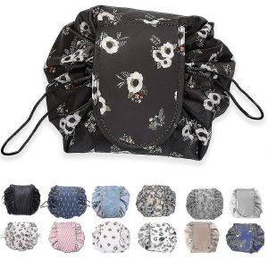 Lazy Cosmetic Bag Cordon de serrage paresseux, Sac de rangement de voyage portable, Fleur noire - Neuf