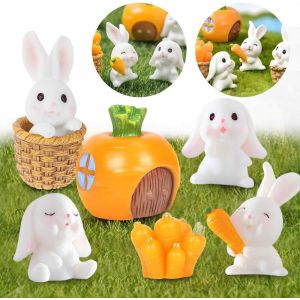 Décoration de lapin, 7 mini figurines de lapin, maison de carottes de lapin de Pâques, pour décoration de jardin de fées, figurines d'animaux, collection de figurines de dessins animés - Neuf