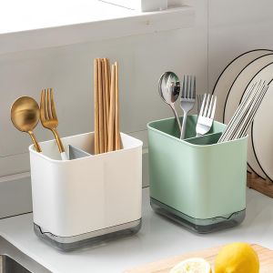 Egouttoir &Agrave; Couverts,Range &Eacute;ponges,Fourchette Cuill&egrave;re Organisateur Rack,Rangement Compartiment&eacute;,Porte Ustensiles Organiseurs,Pour Ranger Les Couteaux,Fourchettes,Cuill&egrave;res(Blanc) - Neuf