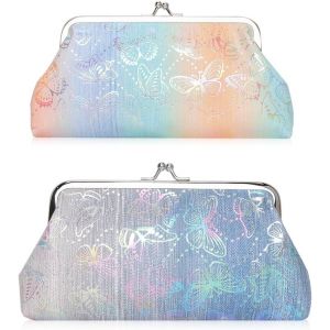 2 Pcs Grand Porte Monnaie Cuir Papillon Pochette Portefeuille Fermoir Clic-Clac Pour Femme Fille,Pochette Pour Pi&egrave;ces (Gris) - Neuf