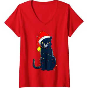 Femme Chat Noir Arbre De No&euml;l Lumi&egrave;res Vacances Chats Amant Cadeau T-Shirt Avec Col En V - Neuf