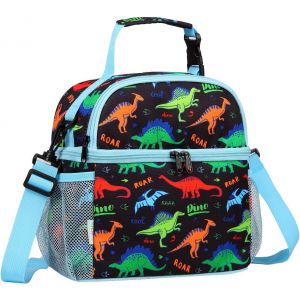 Sac Isotherme Repas Enfant, 8,5L Léger Sac Isotherme Garçons Résistant à l'Eau Sac à Lunch Maternelle Primaire Pique-Nique avec 2 Compartiments et Bandoulière Amovible, Dinosaure Noir.[G417] - Neuf