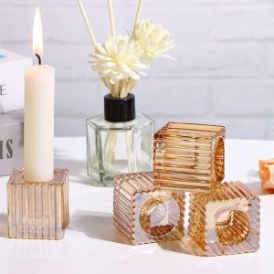 KALANKA-Bougeoir carré en Verre Brillant, 12 Paquets de bougeoirs bougeoirs de Pilier pour la décoration de la Maison de Date de Mariage (4pcs, Ambre) - Neuf