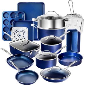 JEXNOVASHOP-Ensemble de 20 casseroles et po&ecirc;les Blue, ensemble complet de batterie de cuisine et de cuisson avec surface min&eacute;rale - Neuf