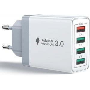 JGD-Chargeur USB, Prise Charge Rapide QC 3.0 de 40W, 4-Port Bloc Adaptateur Secteur USB Multiple Chargeur Universel pour T&eacute;l&eacute;phone iPhone iPad Samsung Xiaomi Huawei Honor Google Alimentation USBA - Neuf