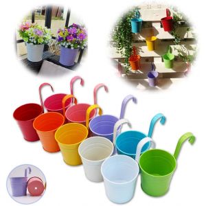 Ulteronixshop-Lot De 10 Pots De Fleurs &Agrave; Suspendre En M&eacute;tal Avec Trou De Drainage Crochet Amovible Assortiment De Couleurs - Neuf