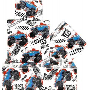 Buggy Des Dunes Bleu V&eacute;hicules Horsrroute Camion Monstre De Voiture De Course Papier Cadeau,4 Feuilles 50 X 70 Cm Par Feuille Emballage Cadeau Pour F&ecirc;te D'anniversaire Des Petits Gar&ccedil;ons Filles-Geluode - Neuf