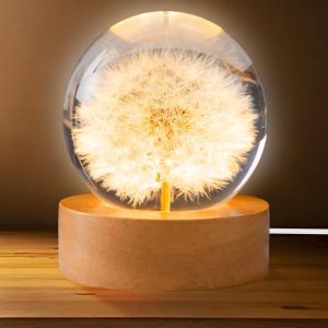 Veilleuse En Boule De Cristal - 6 Cm - En Forme De Pissenlit - Veilleuse En Forme De Boule De Cristal - Avec Socle En Bois Usb - Lampe Pissenlit - Pour La Maison - D&eacute;coration De Table - Cadeaux - Neuf