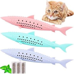 Brosse À Dents Interactive Pour Chat - Lot De 3 En Silicone Motif Poisson Pour Les Soins Dentaires Et Le Jeu - Infusée D'herbe À Chat, Mastication Sûre Et Amusante - Neuf