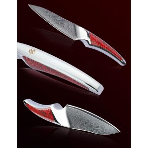 Mevronisshop-Couteau D'office 9 Cm, Couteau De Cuisine Japonais En Acier Damas Vg-10, Couteau &Agrave; Fruits Ultra Tranchant Avec Manche Pleine Soie En R&eacute;sine Rouge, S&eacute;rie La-S9 - Neuf