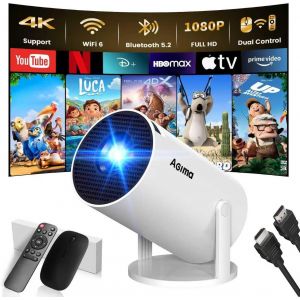 [App Intégrée] Mini Vidéoprojecteur 1080P 4K Supporte Mini Projecteur Portable, Dual Contrôle Avec Souris Android Tv Wifi 6 Bt5.2 180° Rotation Hdmi/Tv Stick/Usb/Ps5/Laptop, Avec Hdmi Et Souris, Blan - Neuf