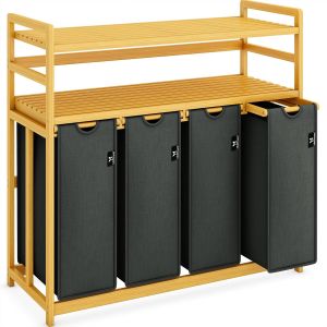 MEVRONISSHOP-AdelDream Panier &agrave; linge avec &eacute;tag&egrave;res 4 compartiments 2 &eacute;tag&egrave;res en bambou extensible et amovible 200L gris - Neuf