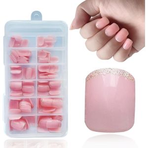 Kal-168 Pièces Capsule Americaine Ongle, 12 Tailles Ballerina Court Press On Nails, Pré-Colorés Pose Américaine Ongles Artificiel Fake Ongles Pour Extensions Rapide D'ongles, Nude Round Glitte - Neuf