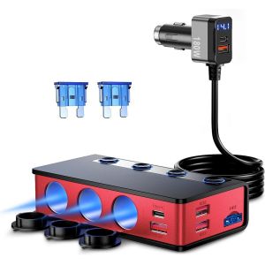Chargeur Voiture 180W USB-C PD USB QC3.0 avec Affichage LED,3 Prises Adaptateur Allume Cigare USB 12V/24V avec 6 Ports USB pour iPhone Dash Cam - Neuf