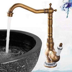 Robinet mitigeur de lavabo à levier en cuivre antique, robinet de cuisine et de salle de bain familial moderne, robinets de lavabo avec bec pivotant, robinet d'évier de cuisine rétro - Neuf