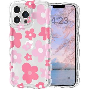 Kal-Coque Pour Iphone 13 Pro Clair Transparent Avec Cadre Ondulé Bouclé, Housse Etui Motif De Fleur Florale Mignon Pour Femme Fille,Bumper Case Protection Antichoc En Silicone Souple,Rose - Neuf