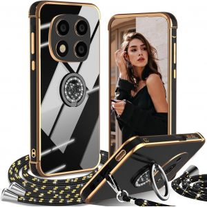 Kal-Coque Avec Cordon Pour Xiaomi Redmi Note 14 Pro 5g, Avec Anneau De Support Coeur, Étui Housse Antichoc Souple Silicone Tpu Bumper Portable Protection Case Avec Amovible Collier, Noir - Neuf
