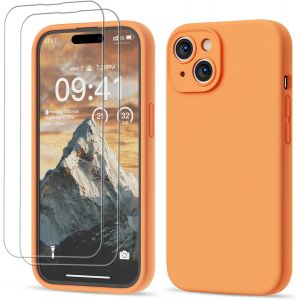 3 En 1 Coque Iphone 15 Silicone Liquide - Avec 2 Verre Trempé - Étui Protection Précise De Caméra [Résistant Aux Rayures] [Antidérapant] Iphone 15 Case 6.1"", Orange - Neuf