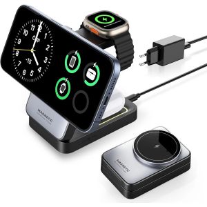 3 In 1 Charging Dock, Fast Folding Magnetic Wireless Charger, Wireless Charger Compatible With Magsafe And Night Light For Iphone 16/15/14/13/12 Series, Airpods 2/3/Pro, Apple Watch - Neuf