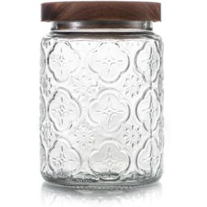 Sjzg-Bocal De Rangement Vintage En Verre Transparent De 700 Ml Avec Couvercle En Bois D'acacia Pour Cuisine, Garde-Manger, Nourriture, Caf&eacute;, Bonbons (Fleurs De B&eacute;gonia) - Neuf