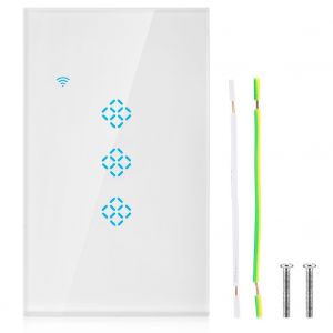 Interrupteur mural intelligent Wi-Fi a bouton-poussoir, commande vocale tactile, prise americaine blanche (3 canaux) - Neuf