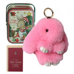 Porte-cles lapin en fourrure, adorable ensemble de pendentifs en peluche avec carte cadeau et mini boite en fer blanc - Neuf