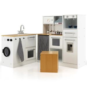Ensemble de cuisine pour enfants 79 x 29 x 81 cm sons et lumi&egrave;res ambiance cosy en MDF blanc et naturel Helloshop26 20_0020824 - Neuf
