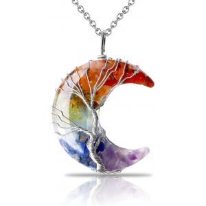 Collier En Cristal,Collier Croissant De Lune Envelopp&eacute; De Fil D'arbre De Vie,Collier Pendentif En Pierre Naturelle,Cadeaux En Pierre Pr&eacute;cieuse Bijoux,Multicolore,L - Neuf