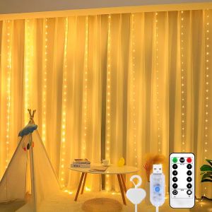 Jgd-Rideau Lumineux À 200 Led, Blanc Chaud, 3 M X 2 M, 8 Modes, Guirlande Lumineuse Led Avec 10 Crochets, Télécommande, Minuterie, Luminosité Réglable Pour L'intérieur Et L'extérieur, Décoration De F - Neuf