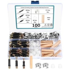 MEVRONISSHOP-100 pcs Connecteurs de Meubles Excentriques, comprend vis d'insertion, &eacute;crous en plastique, fixation de came, chevilles en bois, Kit de vis de fixation pour Meubles, Armoire - Neuf