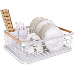 &Eacute;gouttoir &Agrave; Vaisselle Avec Bac R&eacute;cup&eacute;rateur Amovible, Organisateur De Cuisine En M&eacute;tal Avec Poign&eacute;es En Bois, &Eacute;gouttoir &Agrave; Vaisselle - Neuf