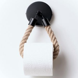Porte-papier toilette mural noir avec perçage - Porte-papier toilette - Toilettes décoratives style industriel avec corde en jute - Porte-papier toilette en bois - Porte-papier toilette mural - Neuf