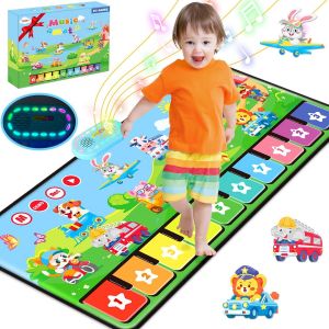 ERYI-Tapis Musical 1 An Avec 80 Sons, Grand Piano Enfant Avec 10 Animaux Et 10 Voitures, Lumière Douce, Réglage Du Volume À 10+ Niveaux, Jouet Bebe 1 An Cadeau Garçons Filles 1 2 3 Ans (110Cm*45Cm) - Neuf